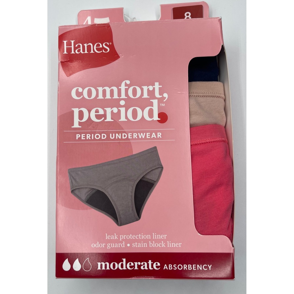 Hanes Girls Comfort Period 3 pack Underwear Hipster Moderate Absorbency Size 8